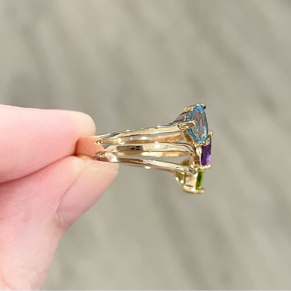 10K Rainbow amethyst Swiss blue topaz peridot trillion harem yellow gold CI ring - Picture 6 of 8